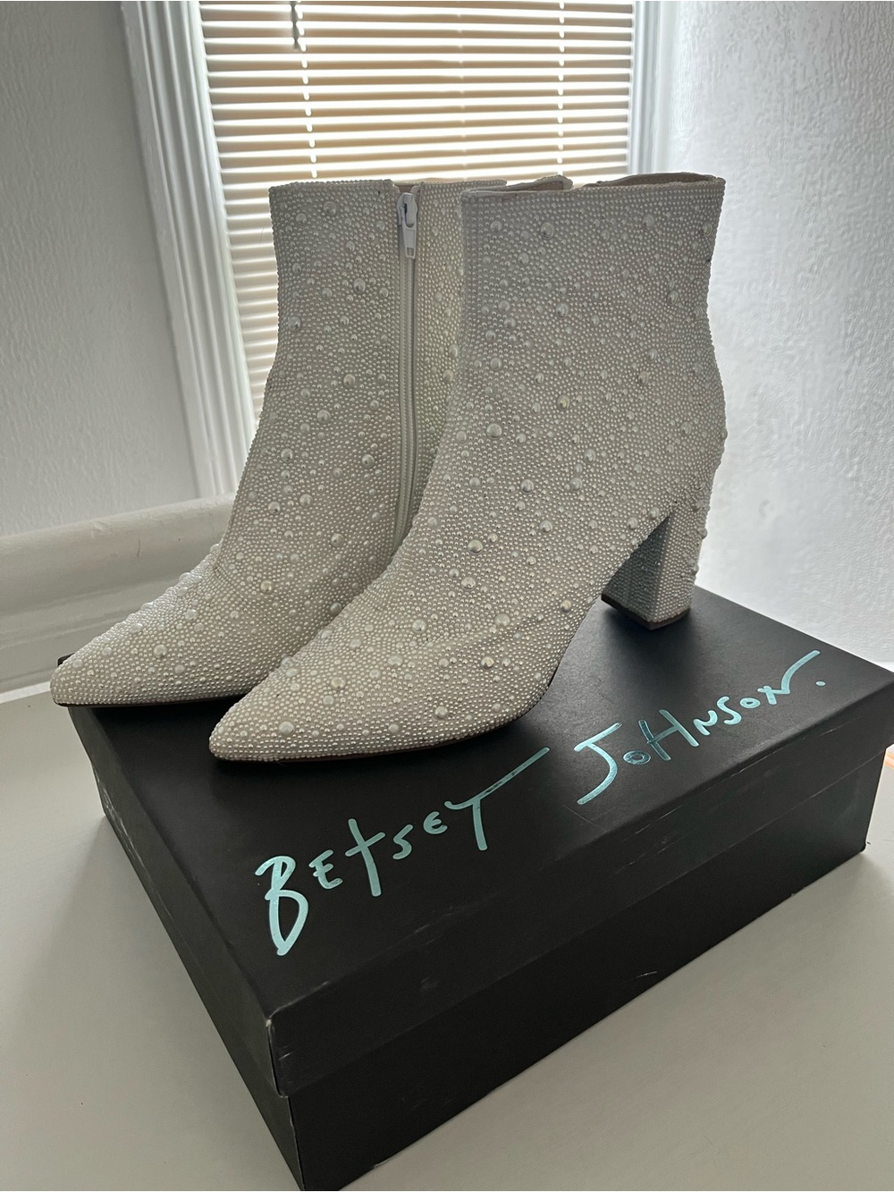 Betsey Johnson White Crystal-Embellished Pointed Ankle Boots